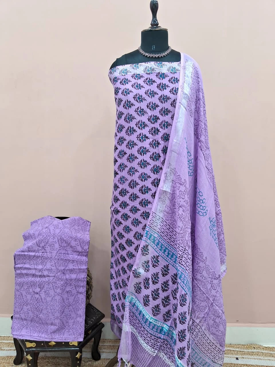 Lavender linen cotton dress material 