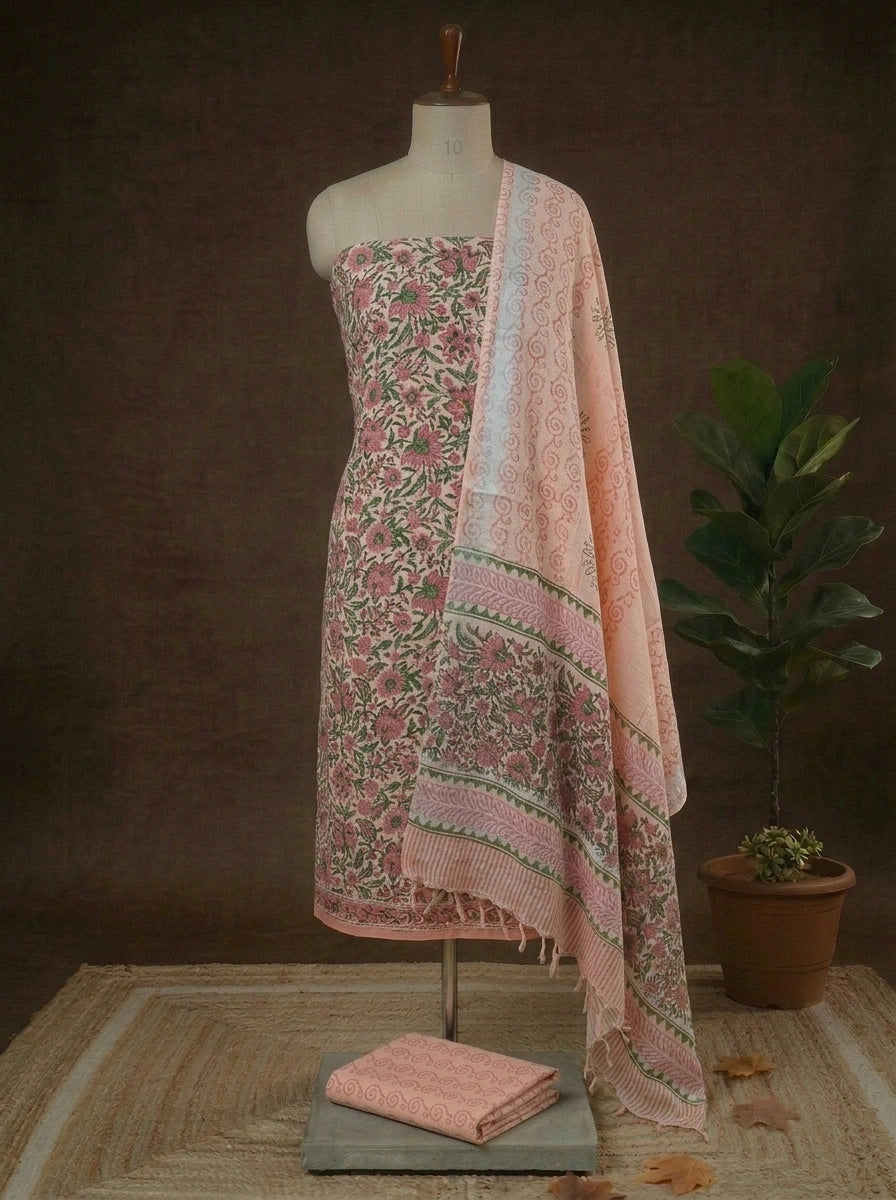 Pure Peach Linen Cotton Dress Material 