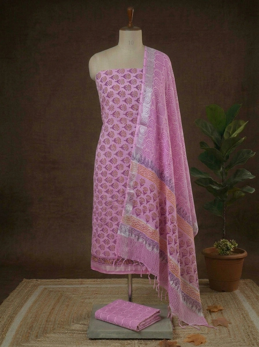 Baby pink linen cotton dress material
