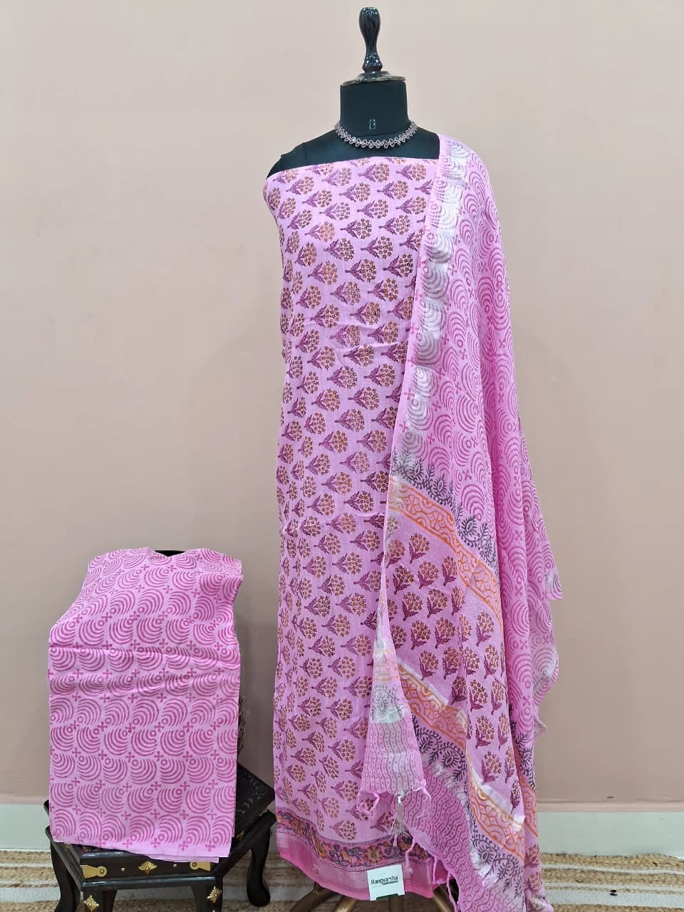 Baby pink linen cotton dress material