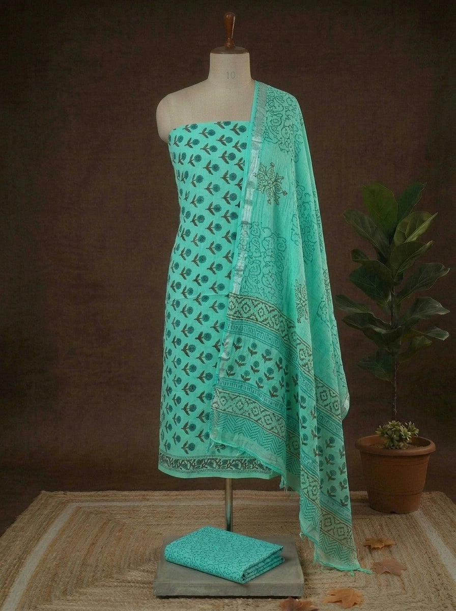 Sea Blue Linen Cotton Dress Material