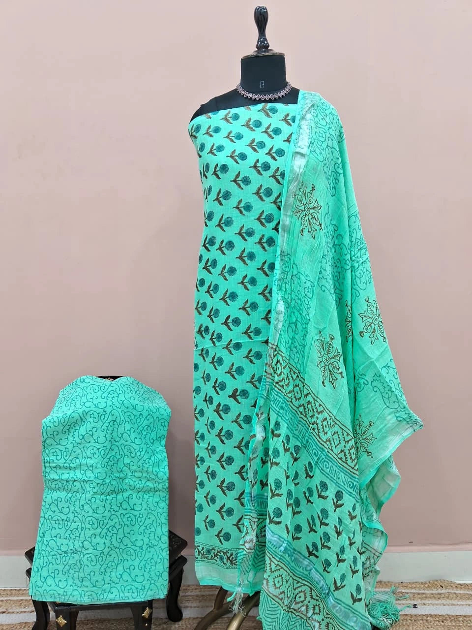 Sea Blue Linen Cotton Dress Material