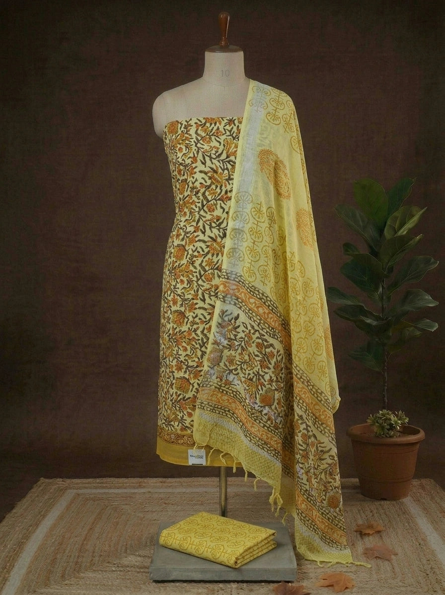 Light Yellow Pure Linen Cotton Dress Material 