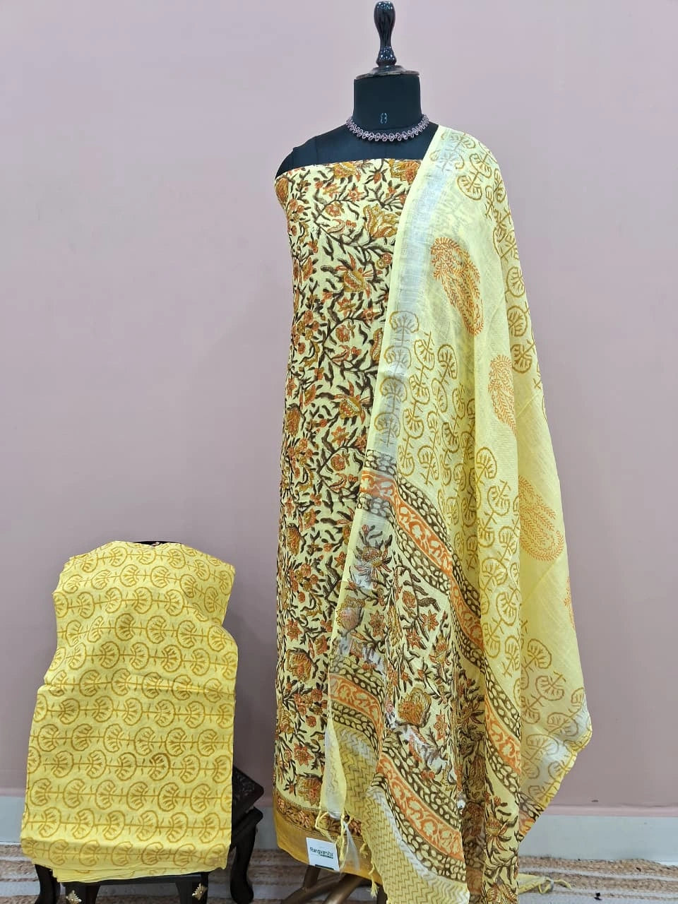 Light Yellow Pure Linen Cotton Dress Material 