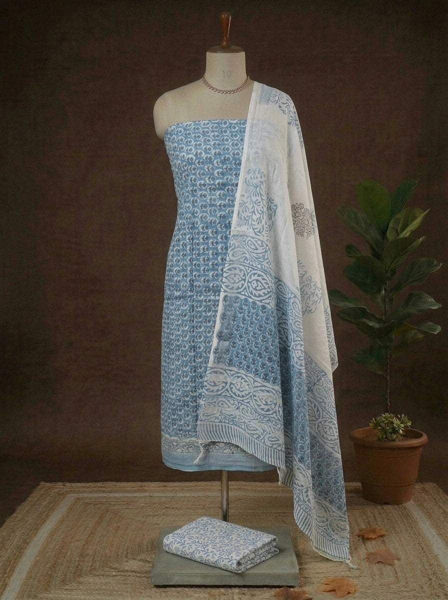 Sky Blue Linen Cotton Dress Material