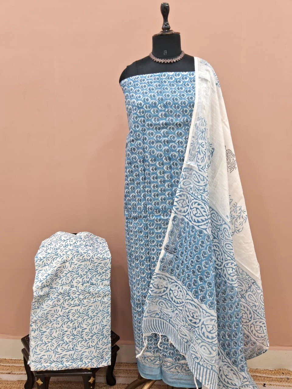 Sky Blue Linen Cotton Dress Material