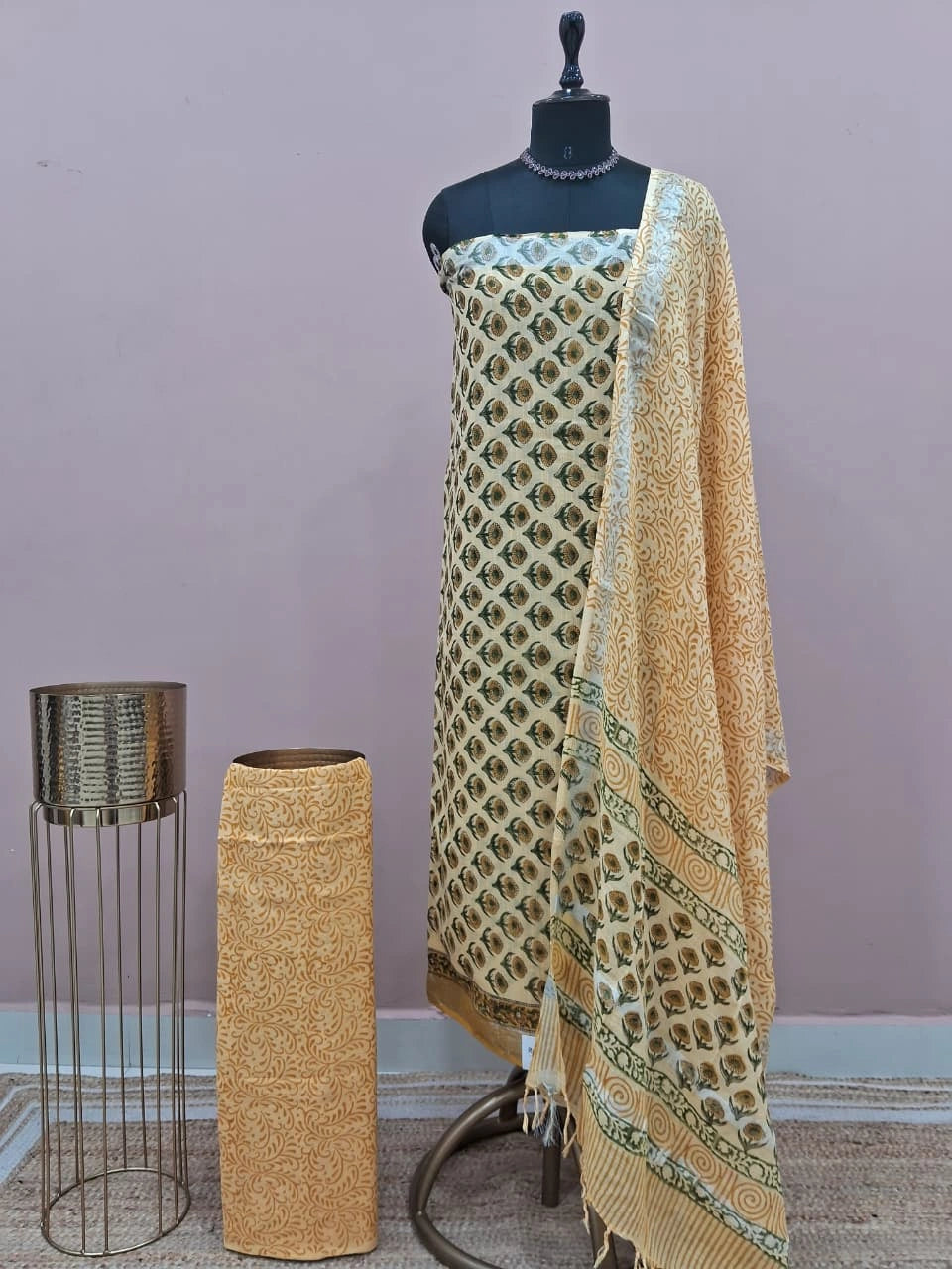 Light Yellow Linen Cotton Dress Material 