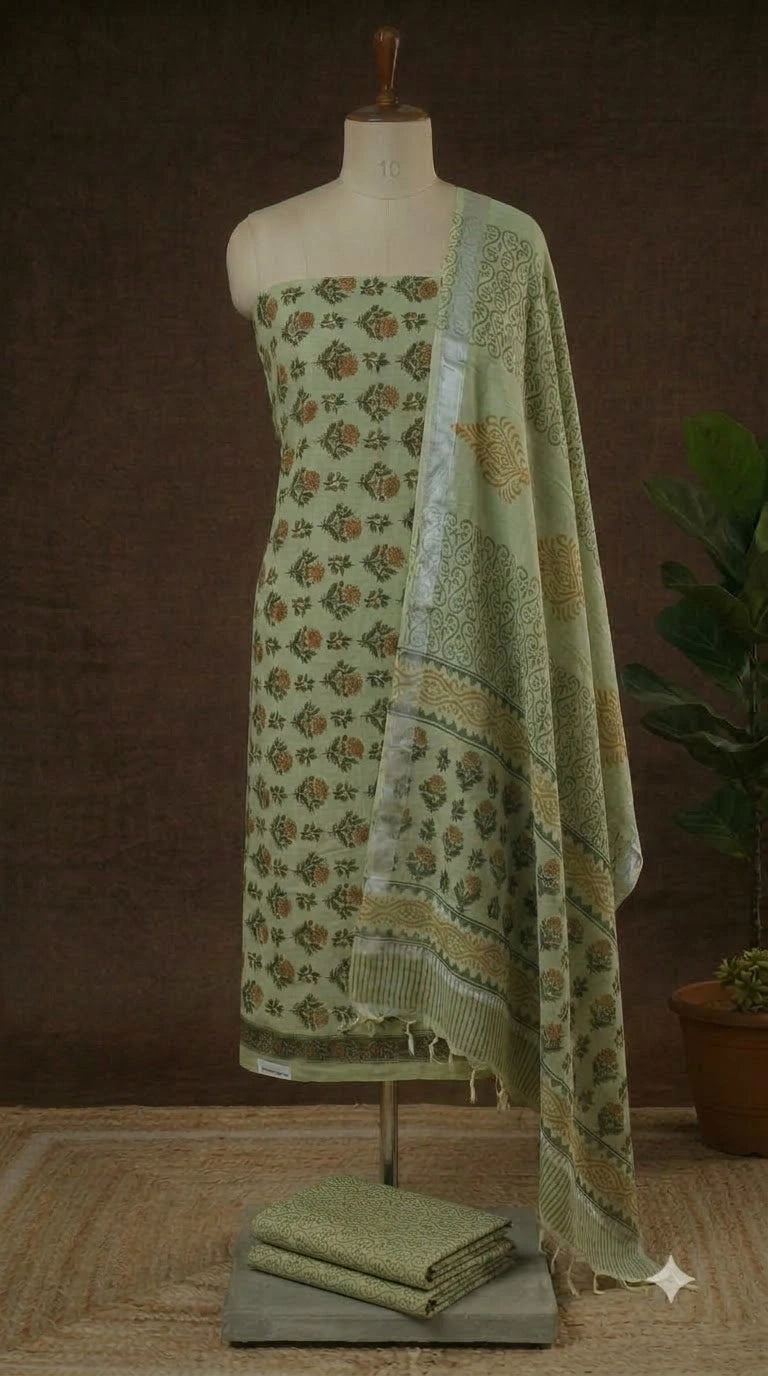 Pista Green Linen Cotton Dress Material