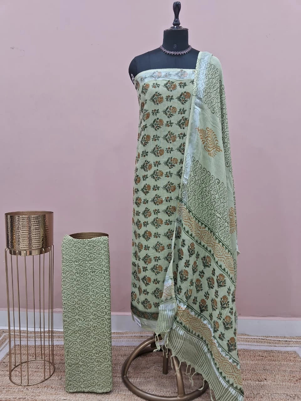 Pista Green Linen Cotton Dress Material