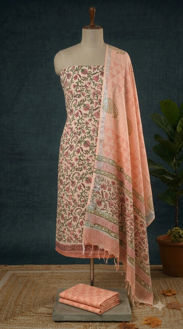 Peach Linen Cotton Dress Material 