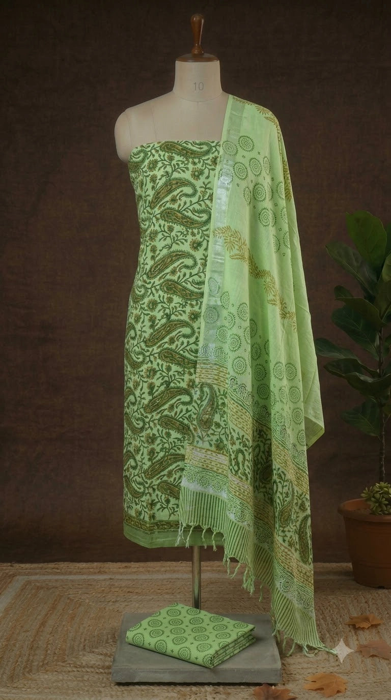Dark Pista Green Linen Cotton Dress Material 