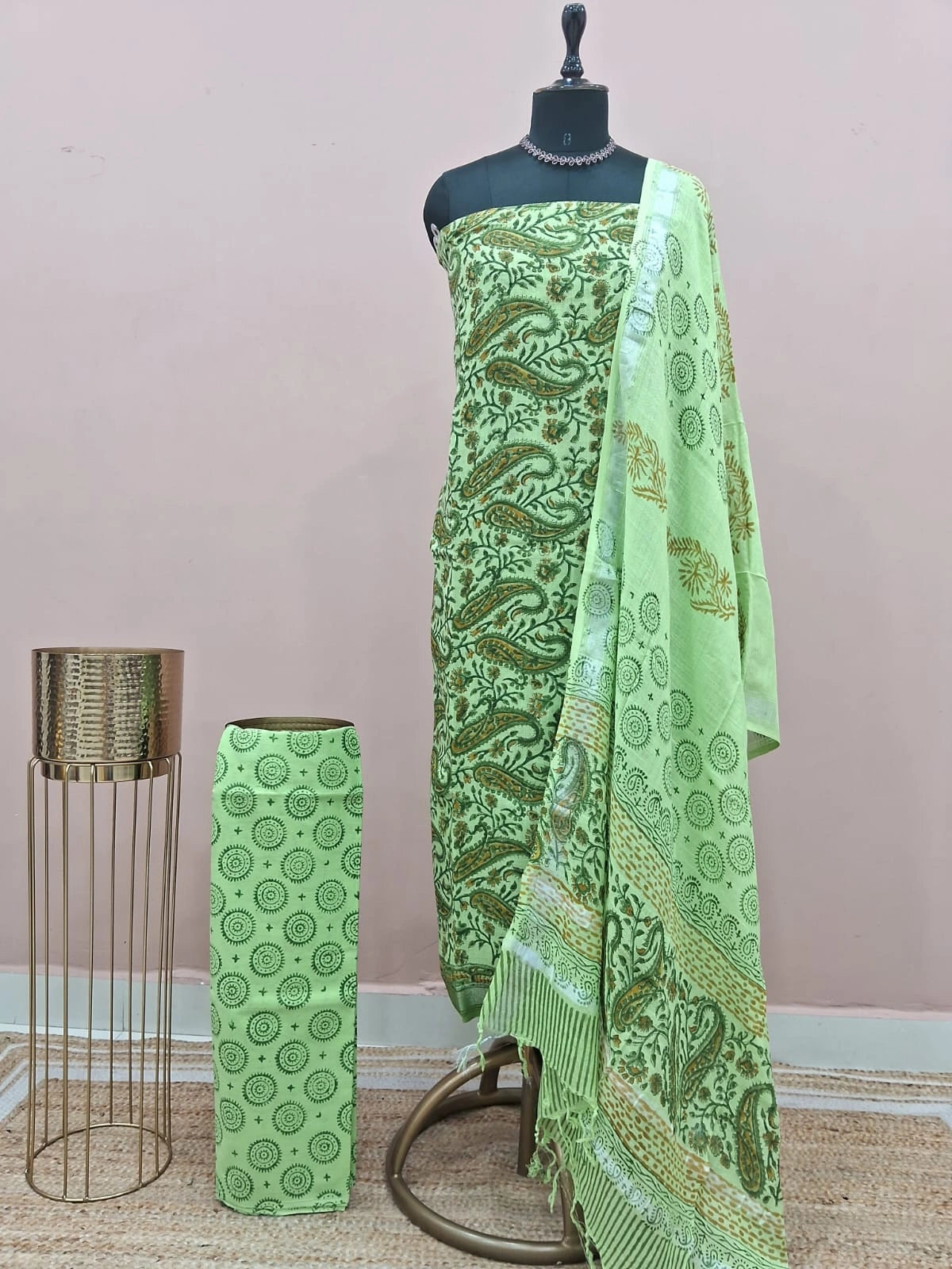 Dark Pista Green Linen Cotton Dress Material 