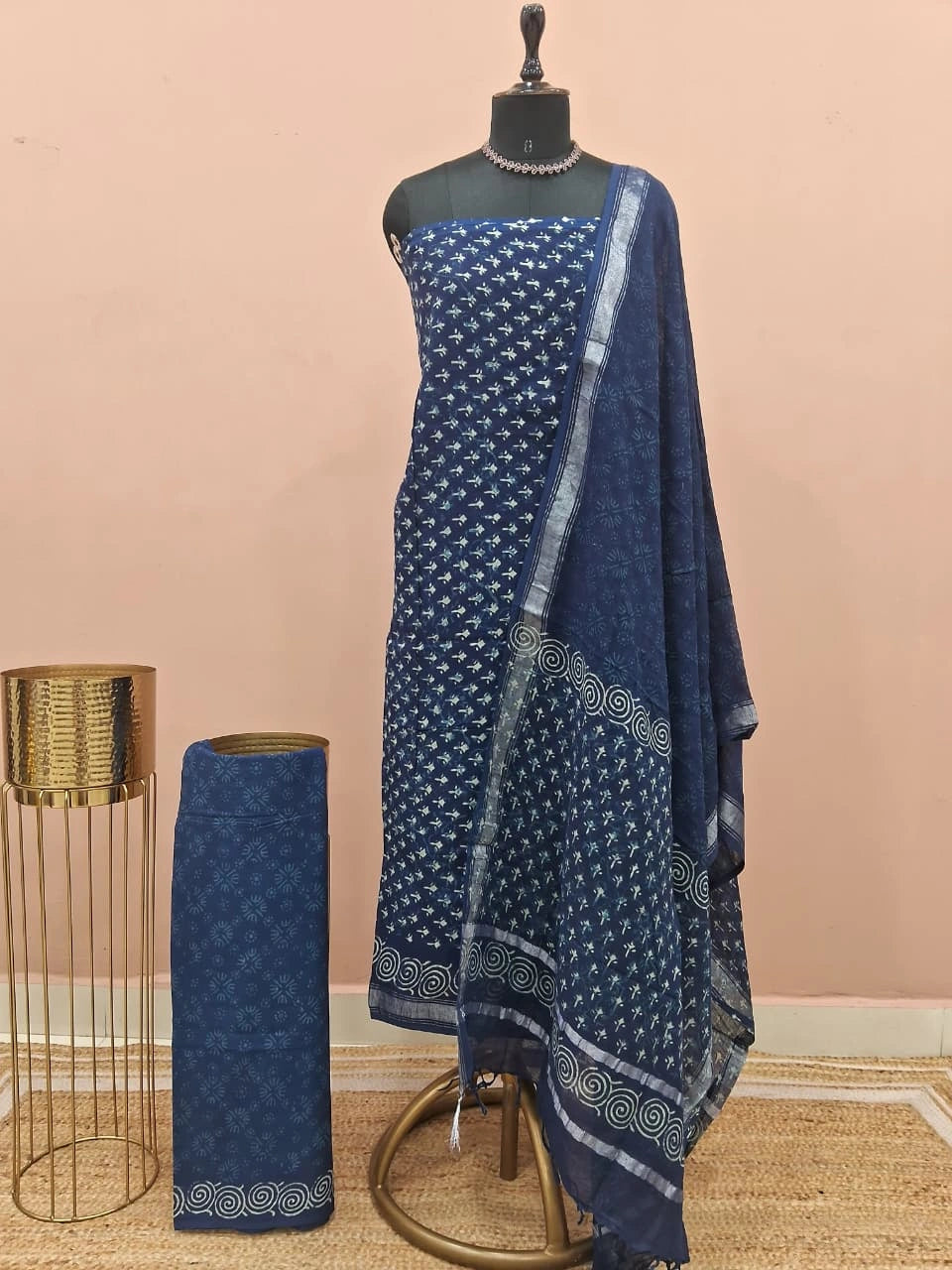 Indigo Blue Linen Cotton Dress Material 