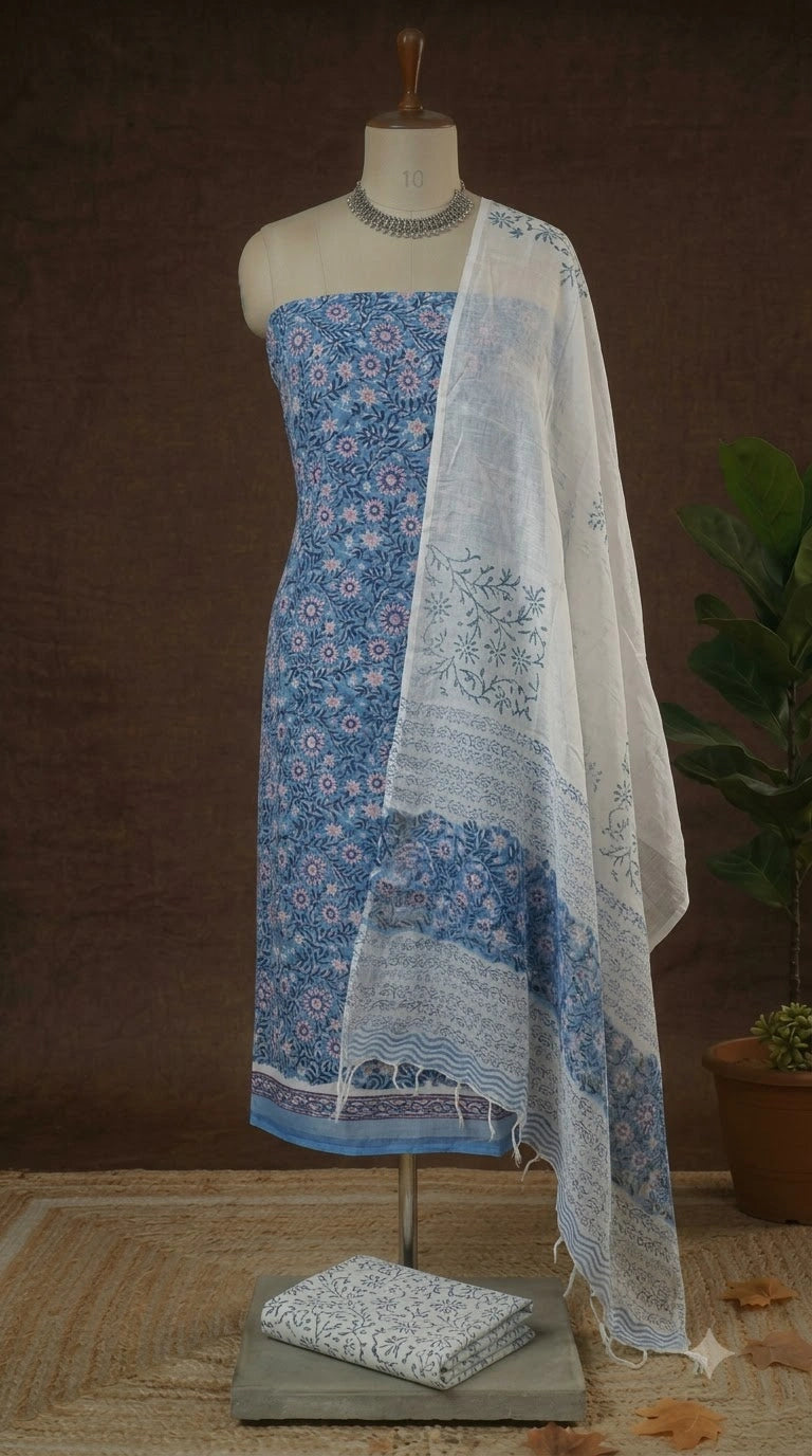 Sky Blue Linen Cotton Dress Material