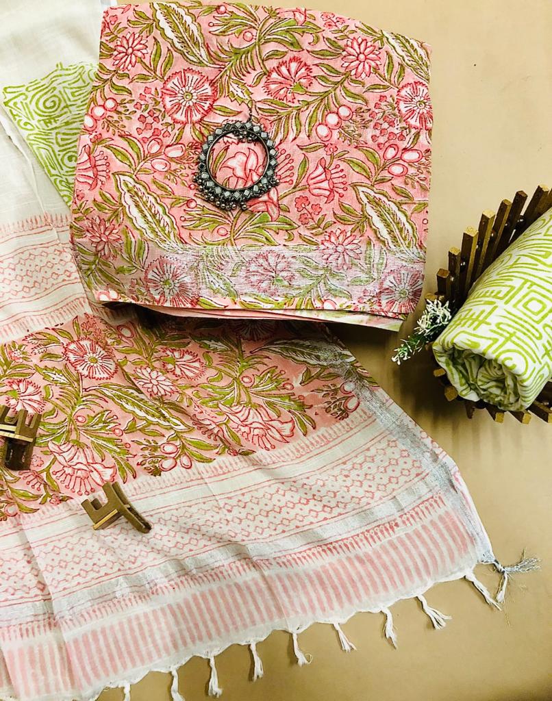 Baby Pink Block Printed linen cotton  dress material