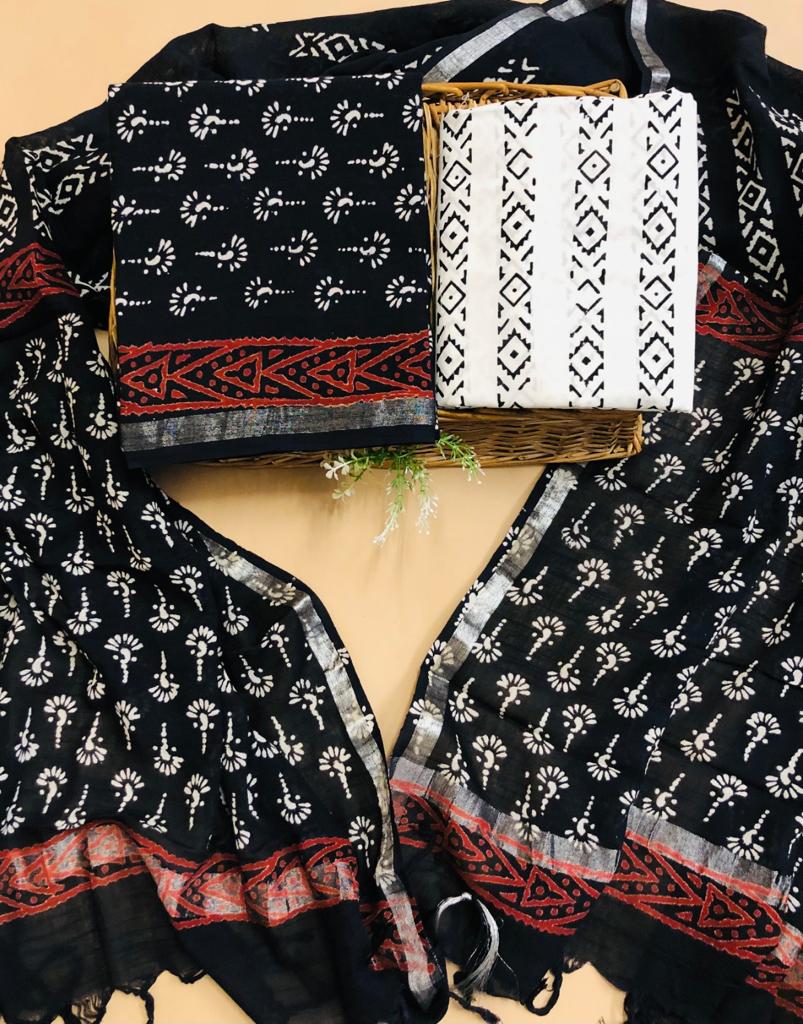 Black and White block printed linen cotton top