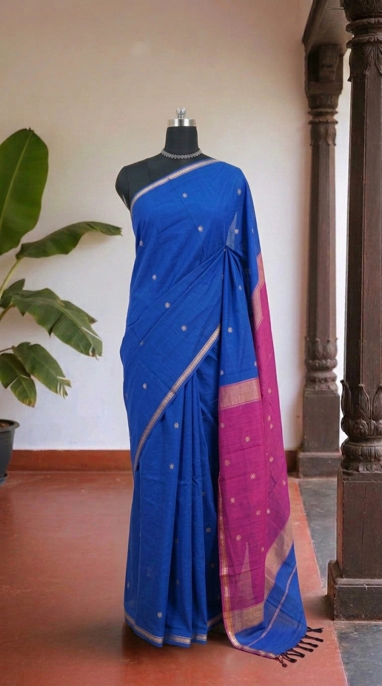 Royal Blue Semi Maheshwari Silk Cotton Saree 