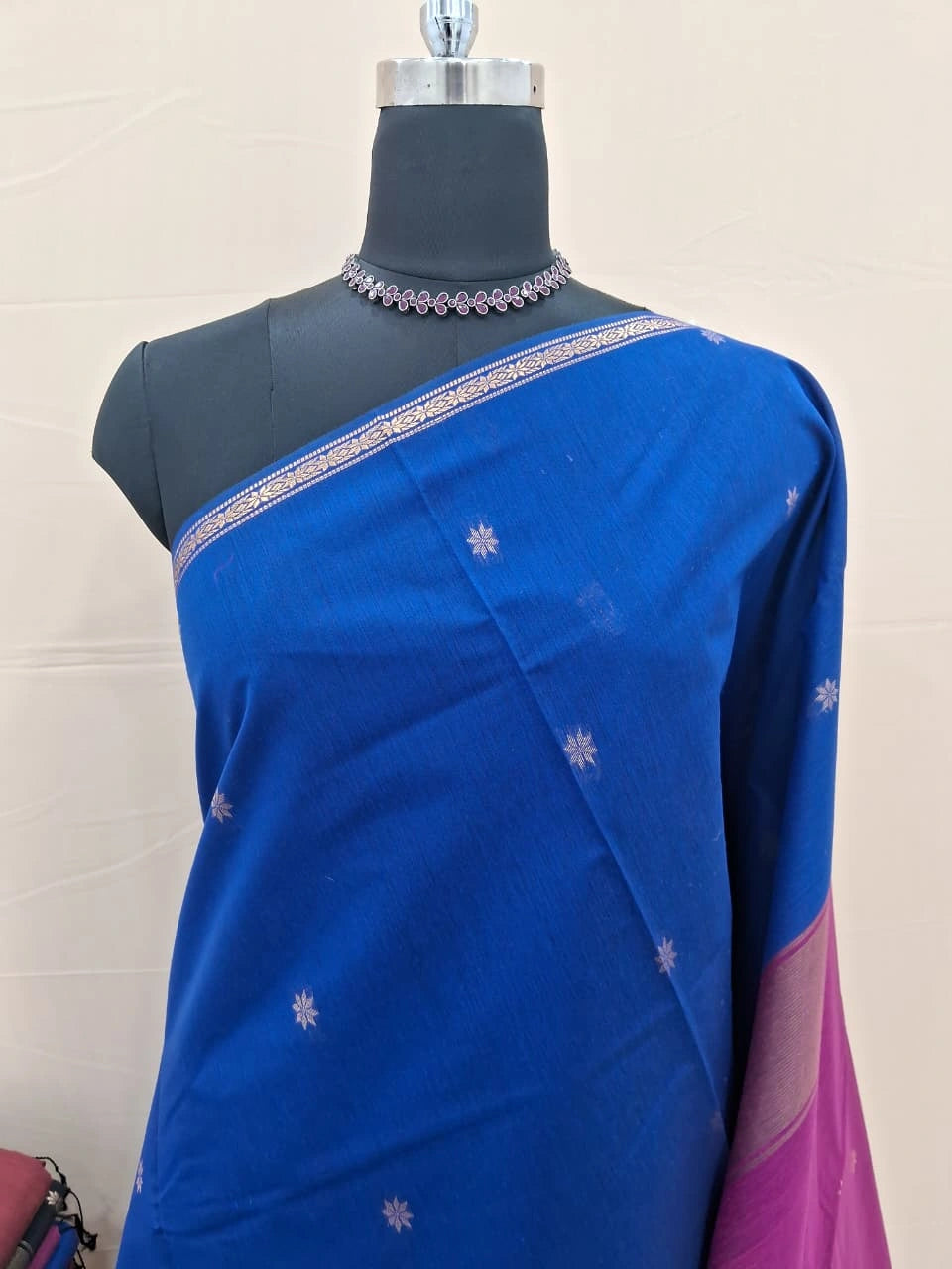 Royal Blue Semi Maheshwari Silk Cotton Saree 1