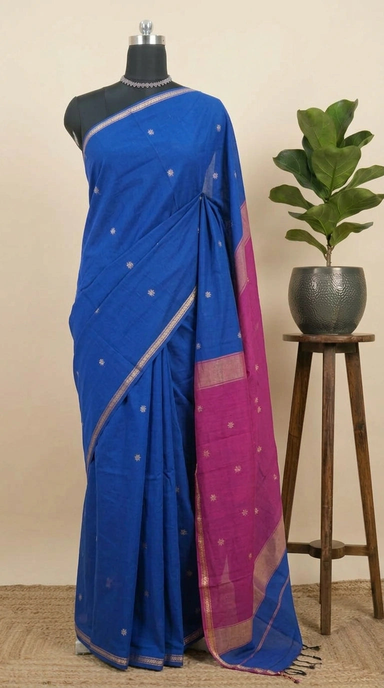 Royal Blue Semi Maheshwari Silk Cotton Saree 
