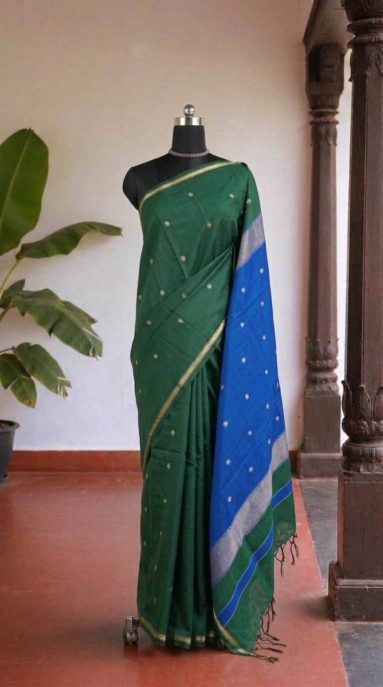 Luxury Bottle Green Semi Maheshwari Silk Cotton Saree