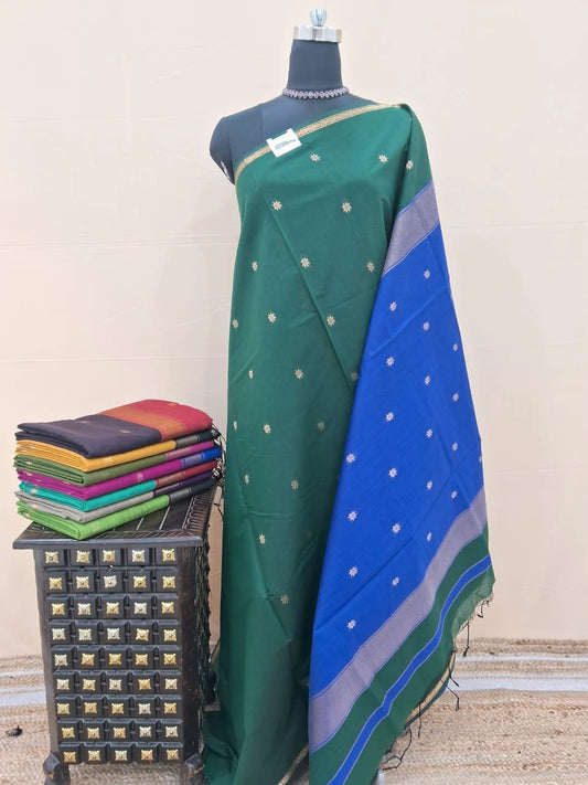 Luxury Bottle Green Semi Maheshwari Silk Cotton Saree