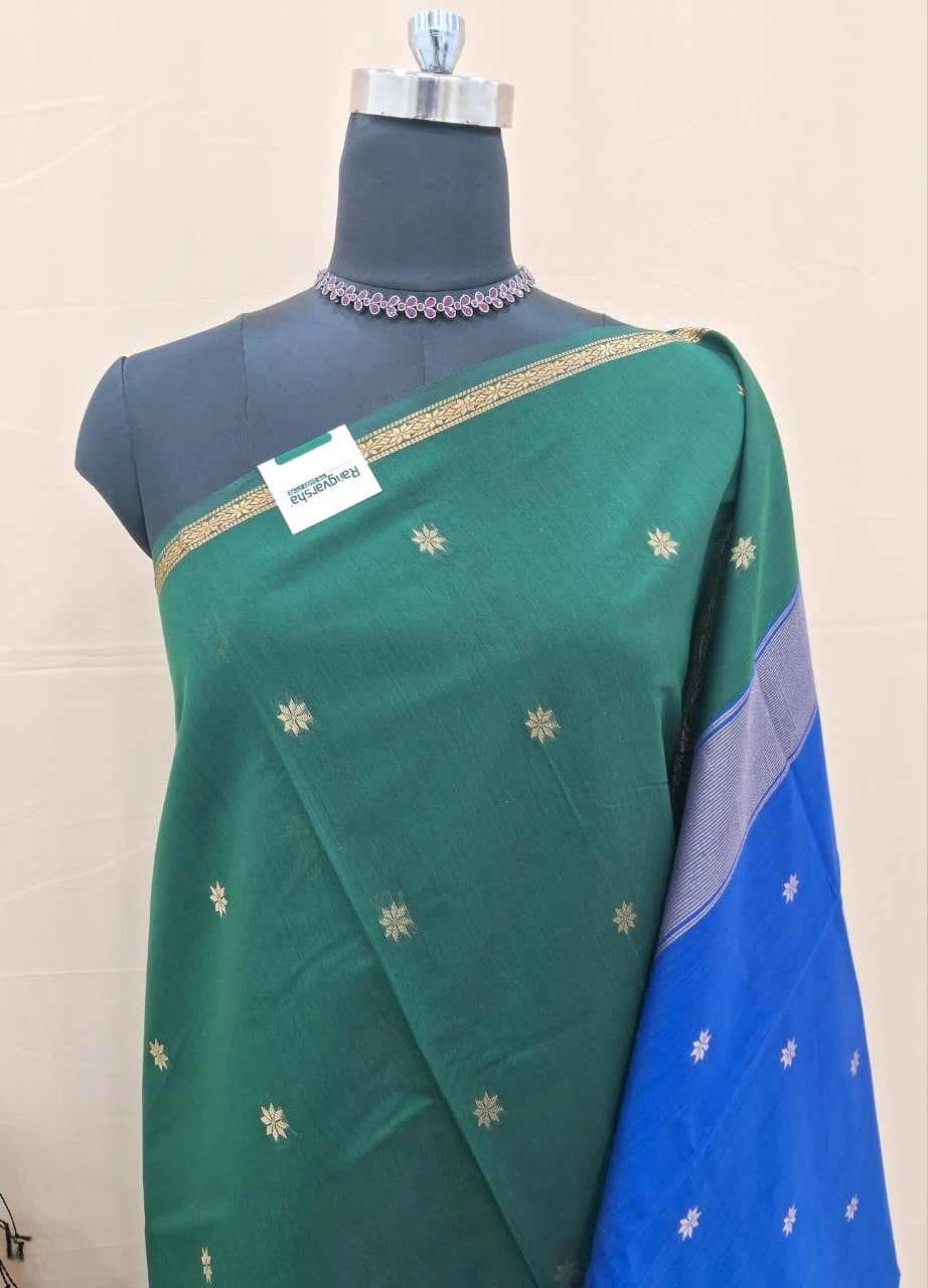 Luxury Bottle Green Semi Maheshwari Silk Cotton Saree 1