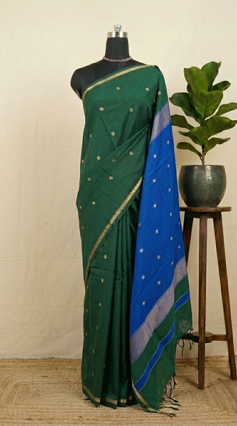 Luxury Bottle Green Semi Maheshwari Silk Cotton Saree
