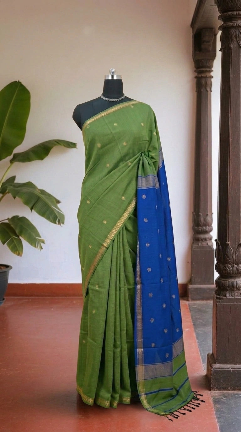 Elegant Leaf Green Semi Maheshwari Silk Cotton Saree 