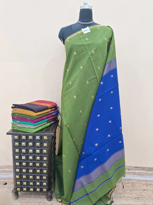 Elegant Leaf Green Semi Maheshwari Silk Cotton Saree 