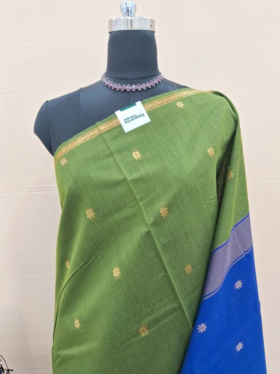 Elegant Leaf Green Semi Maheshwari Silk Cotton Saree 1