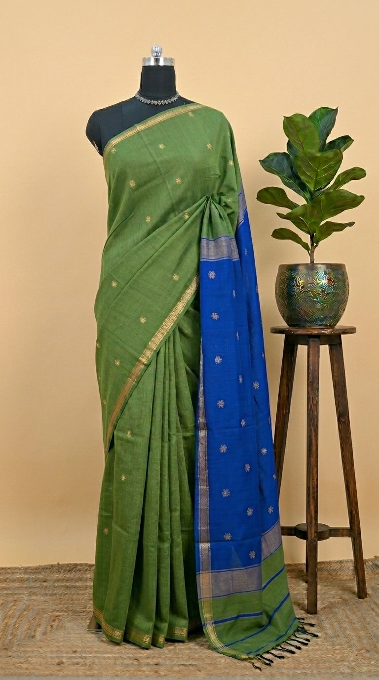 Elegant Leaf Green Semi Maheshwari Silk Cotton Saree 