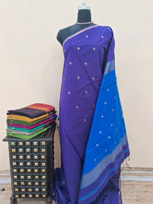 Navy Blue Semi Maheshwari Silk Cotton Saree 