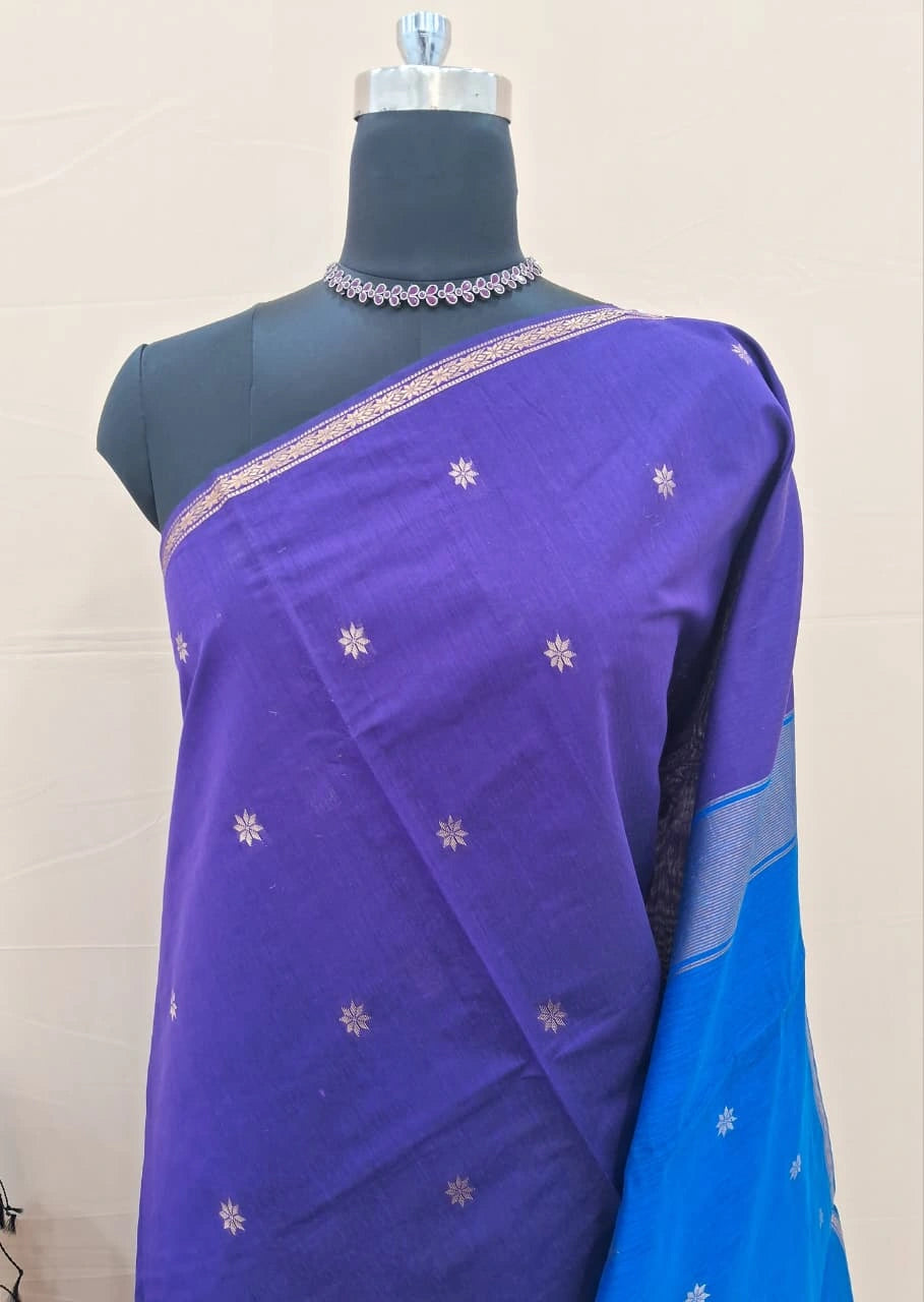 Navy Blue Semi Maheshwari Silk Cotton Saree 1