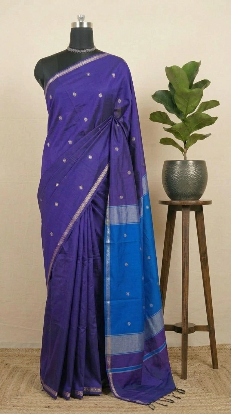 Navy Blue Semi Maheshwari Silk Cotton Saree 