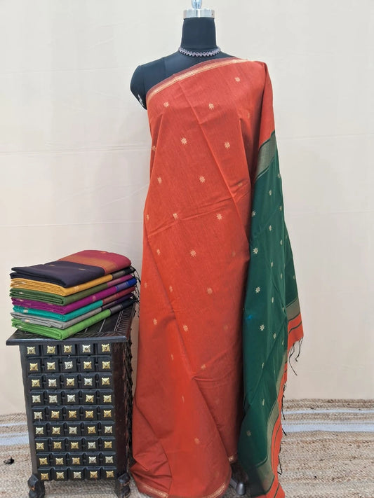 Sunrise Orange Semi Maheshwari Silk Cotton Saree 