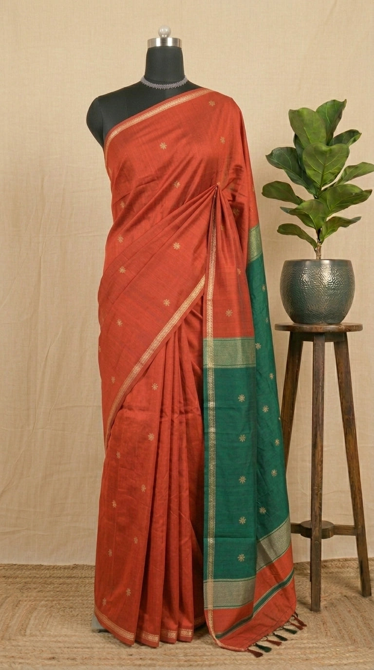 Sunrise Orange Semi Maheshwari Silk Cotton Saree 