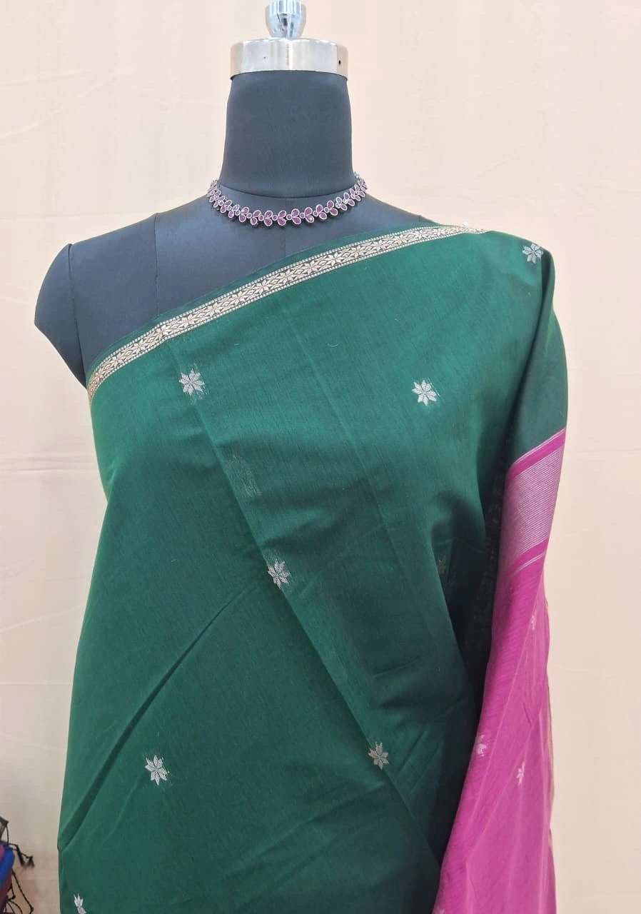 Elegant Bottle Green Semi Maheshwari Silk Saree 