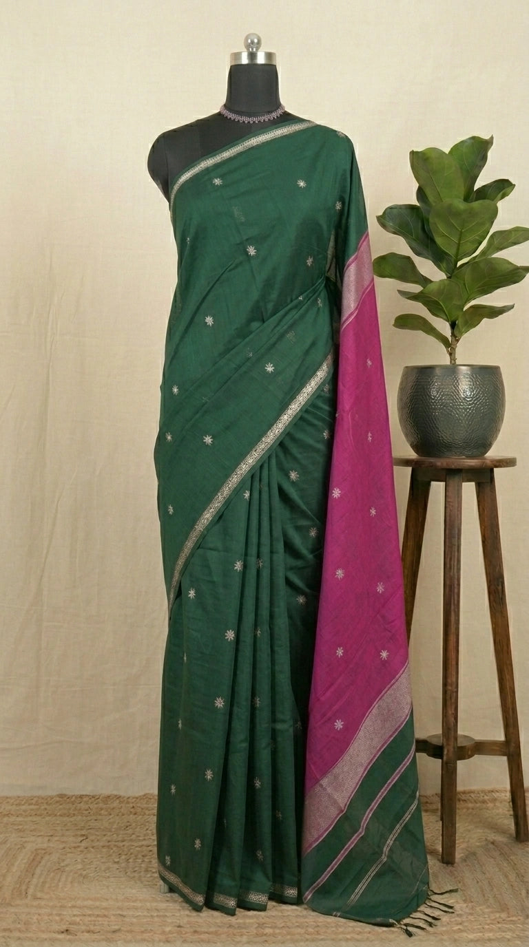 Elegant Bottle Green Semi Maheshwari Silk Saree
