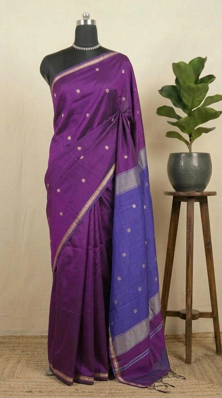 Purple Semi Maheshwari Silk Cotton Saree 