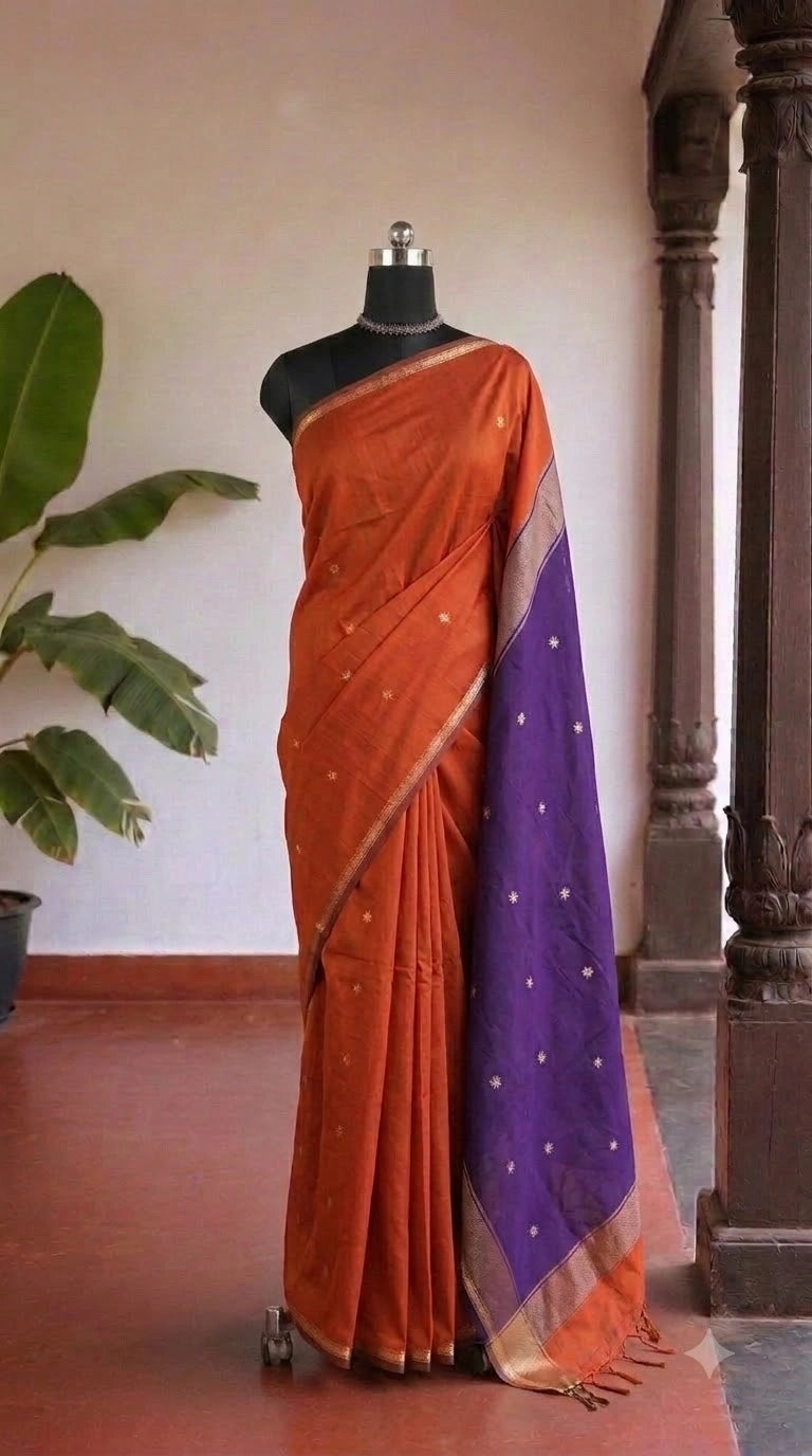 Vibrant Orange Semi Maheshwari Silk Saree 