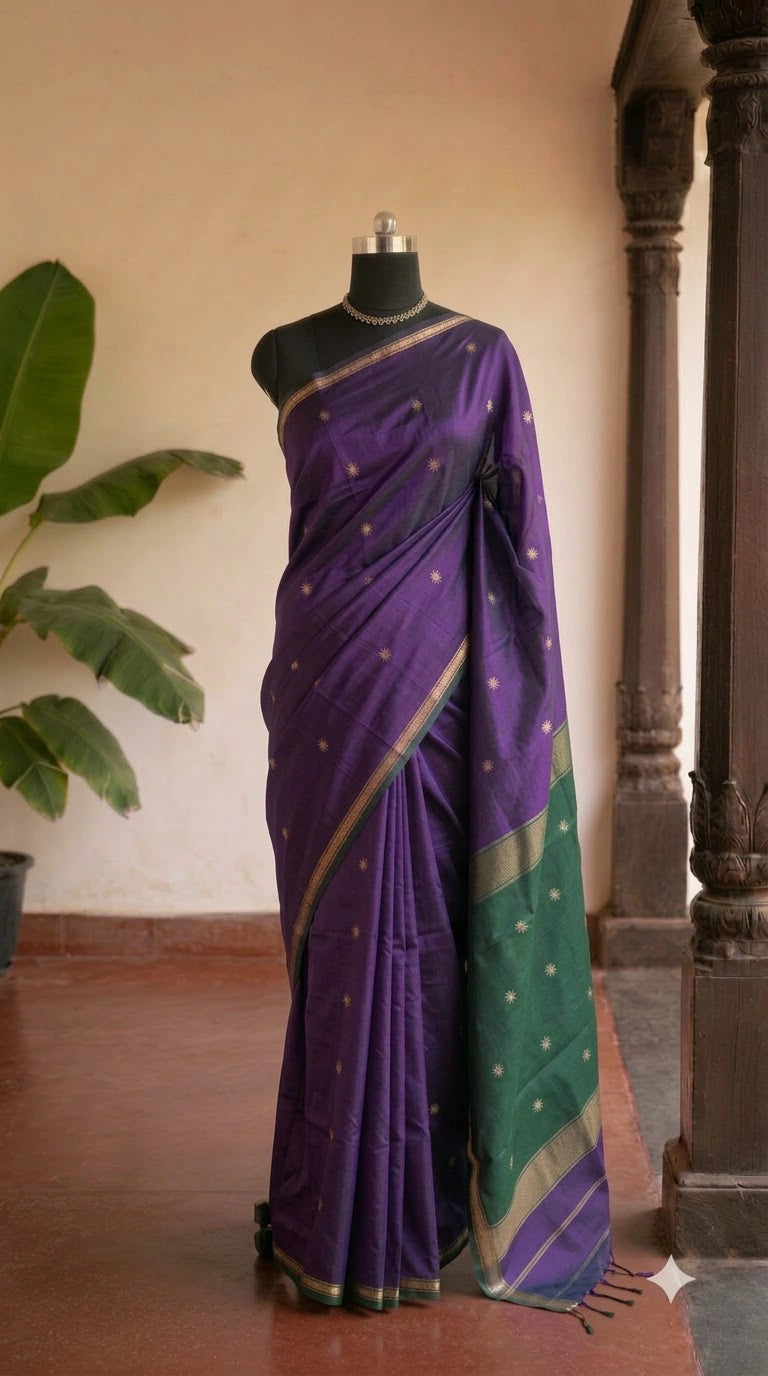 Regal Purple Semi Maheshwari Silk Cotton Saree 