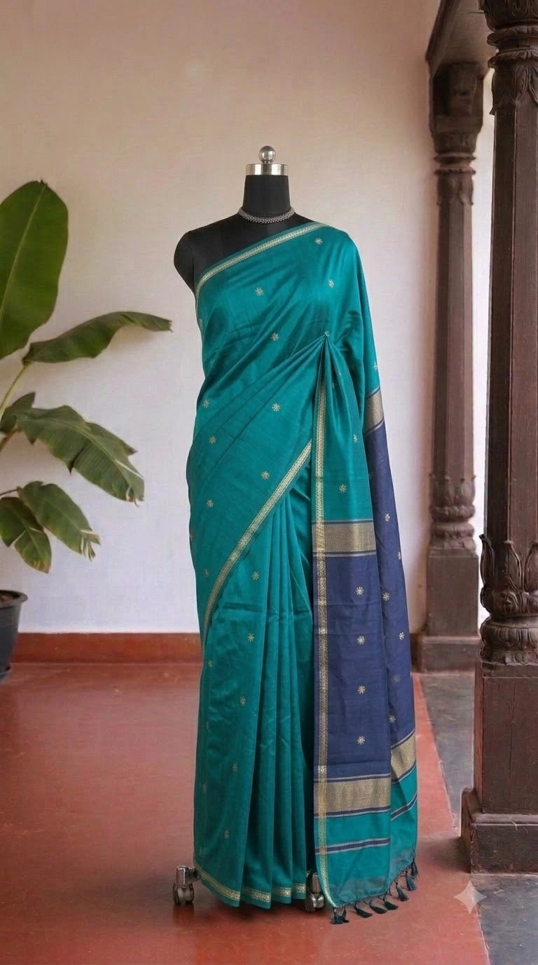 Rama Green Semi Maheshwari Silk Cotton Saree 