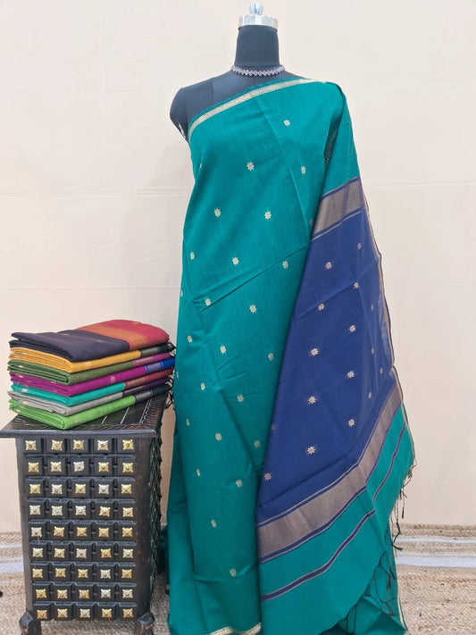 Rama Green Semi Maheshwari Silk Cotton Saree 
