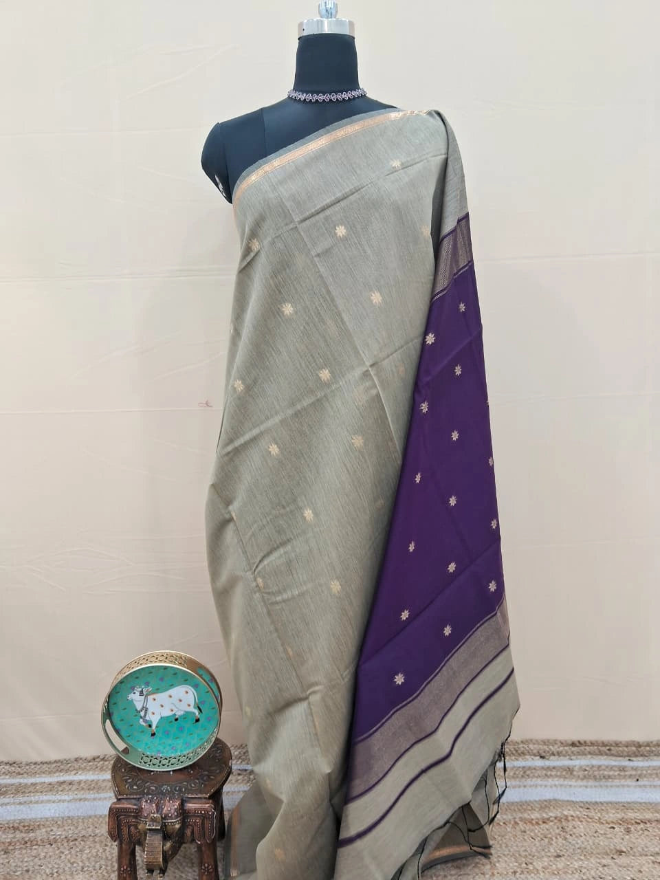 Beige Semi Maheshwari Silk Saree 