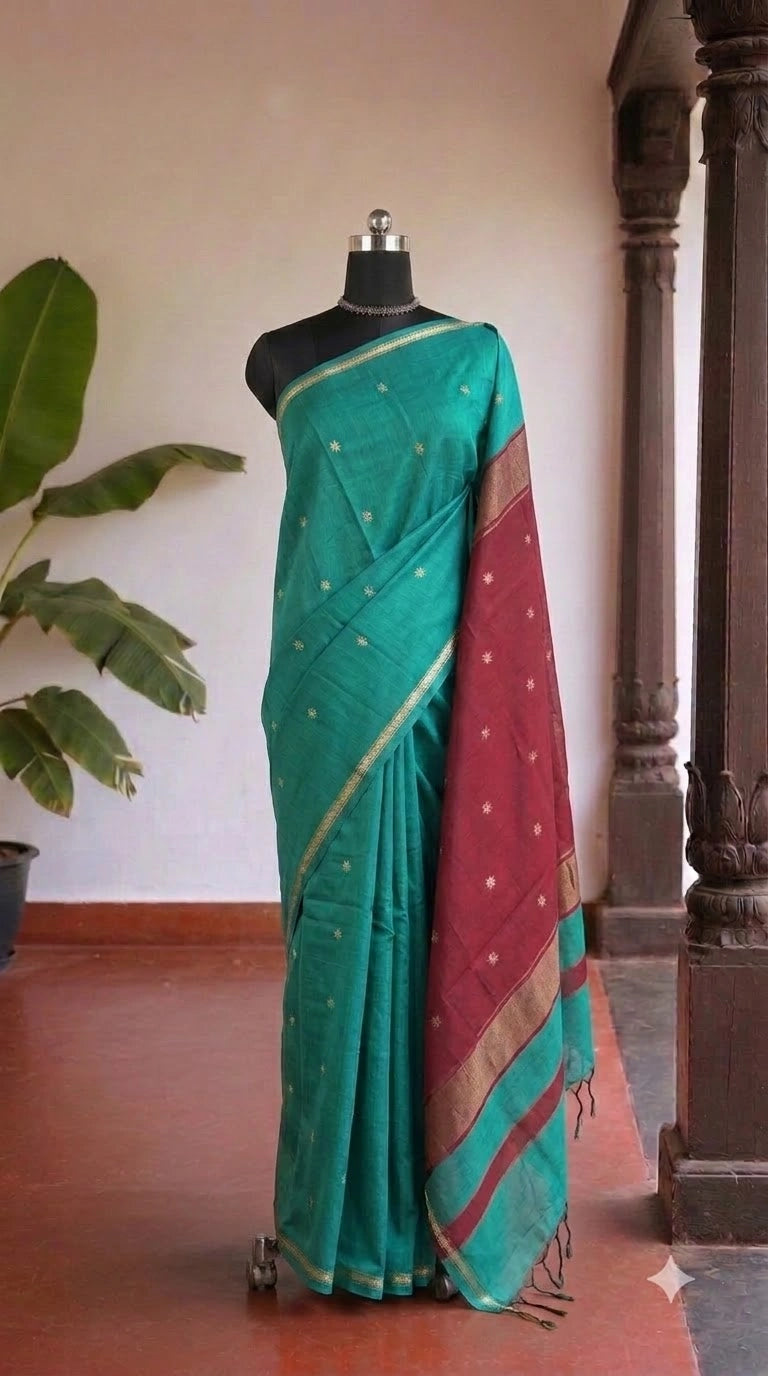 Sea Green Semi Maheshwari Silk Saree 
