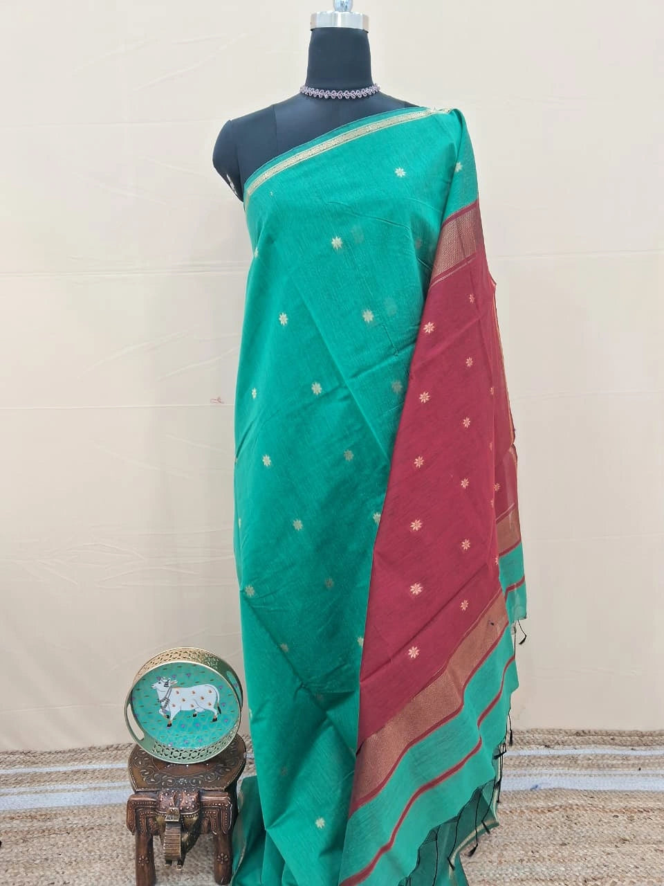 Sea Green Semi Maheshwari Silk Saree 