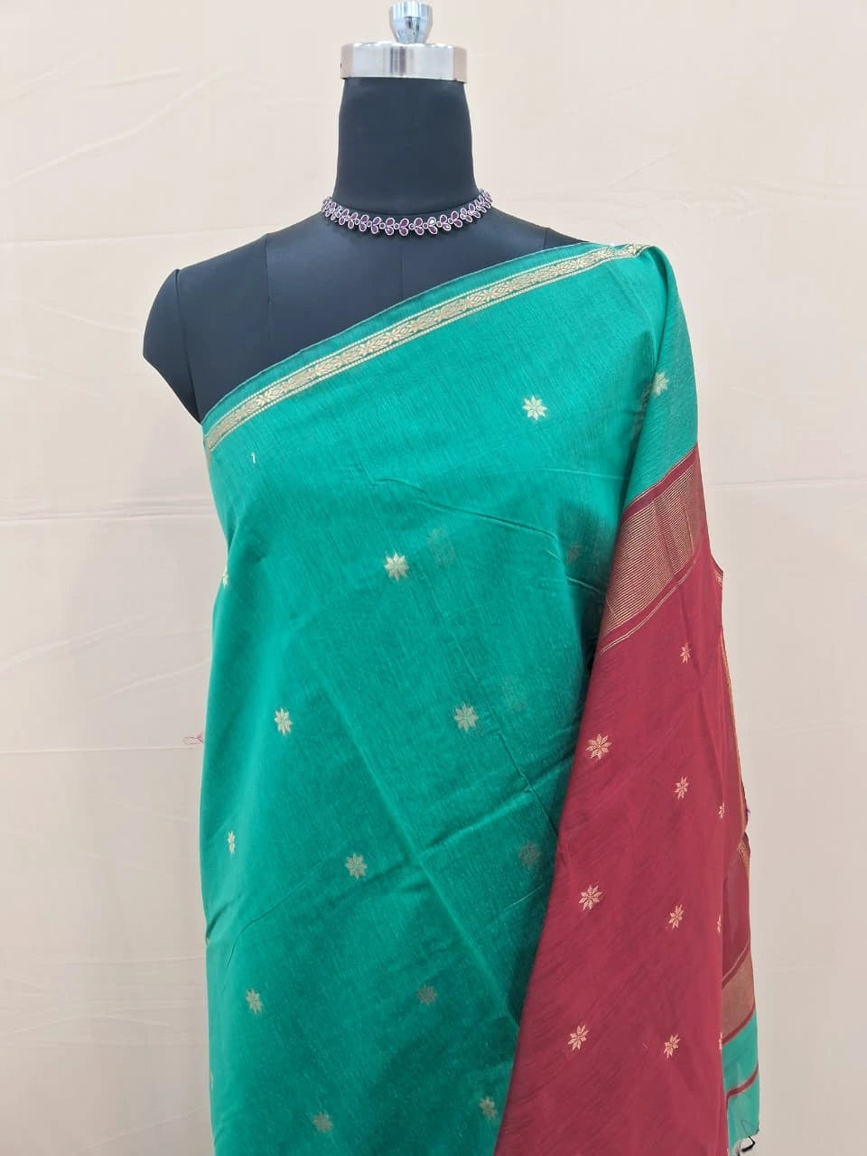 Sea Green Semi Maheshwari Silk Saree 1