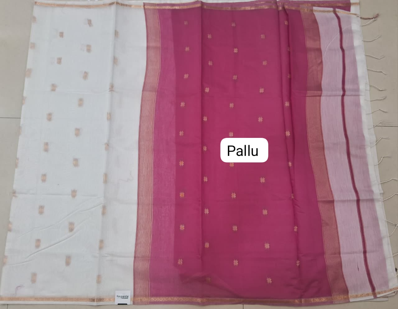 White Semi Maheshwari Silk Cotton Saree Pallu