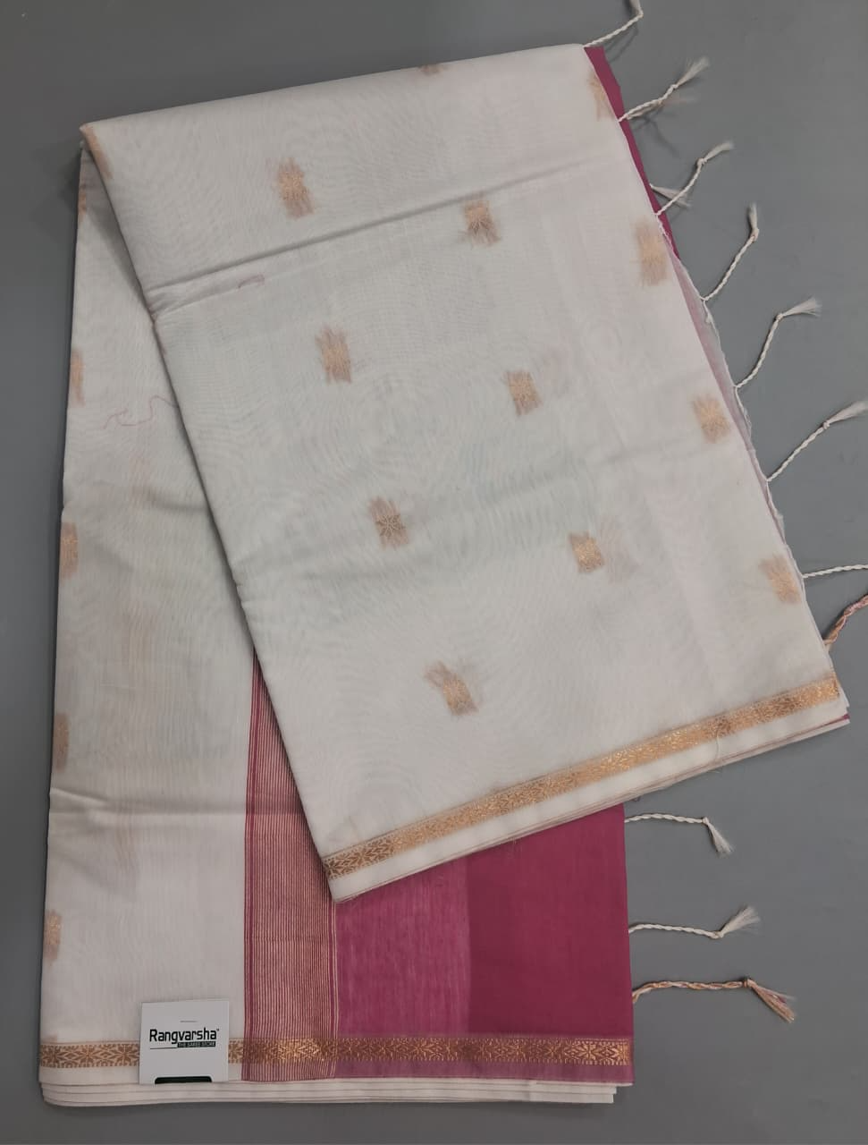 White Semi Maheshwari Silk Cotton Saree 