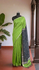 Grass Green Semi Maheshwari Silk Cotton Saree 